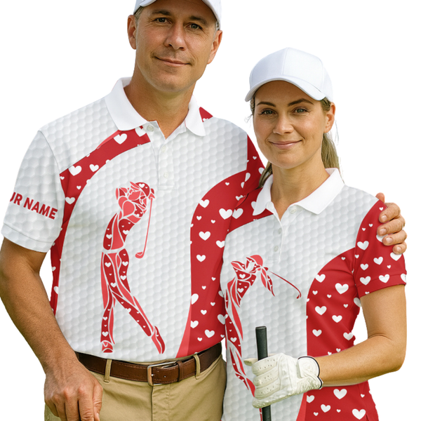Personalized Red Hearts pattern matching golf polo shirts for couples custom Valentine golf gifts NQS11259