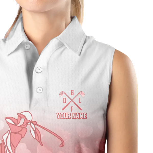 Personalized pink heart pattern white Sleeveless Golf Polo Shirt, custom Valentine golf gifts for her NQS11326