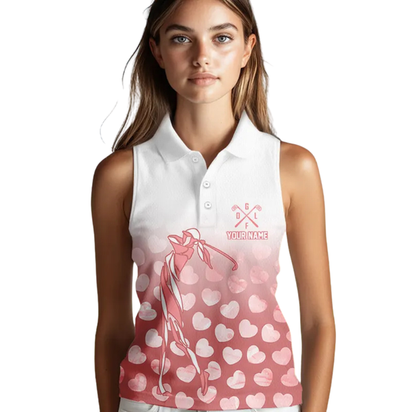 Personalized pink heart pattern white Sleeveless Golf Polo Shirt, custom Valentine golf gifts for her NQS11326