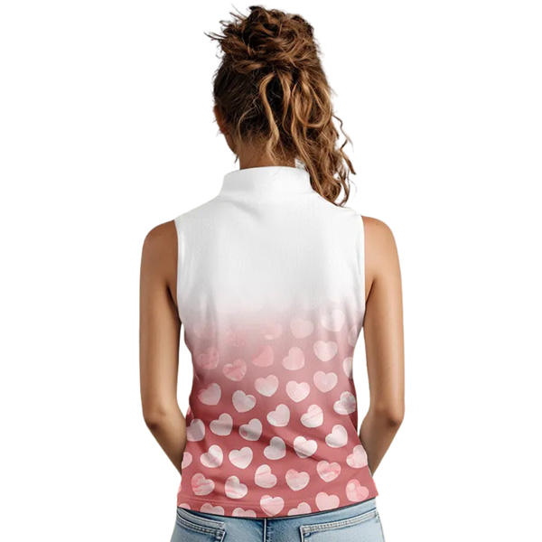Personalized pink heart pattern white Sleeveless Golf Polo Shirt, custom Valentine golf gifts for her NQS11326