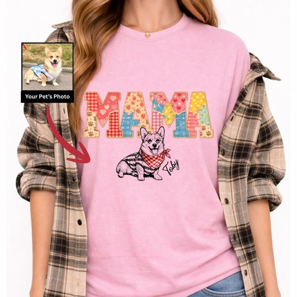 Custom Mama Patchwork Dog Photo and Name T-shirt, Beautiful Mothers Day Gift for Dog Mom FSD4809