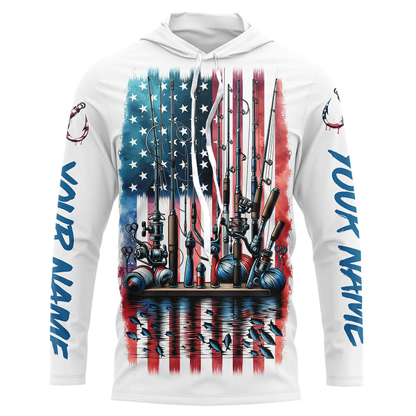 Personalized Patriotic Us Flag Fishing Shirts, Fishing Elements Fishing Tools Long Sleeve Shirt IPHW5543