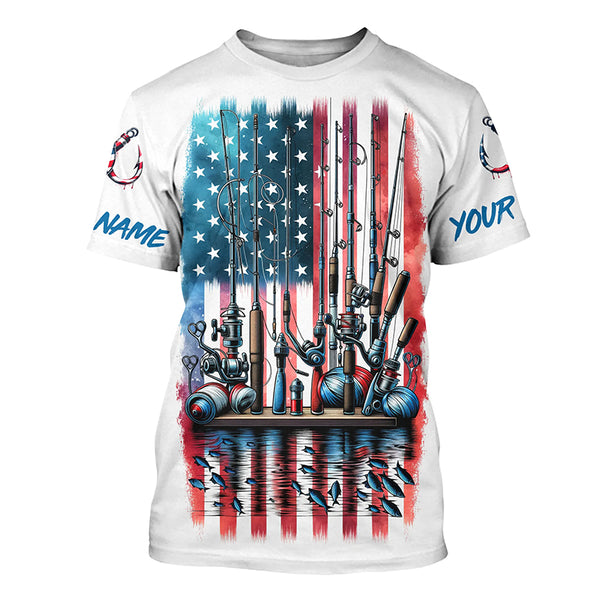 Personalized Patriotic Us Flag Fishing Shirts, Fishing Elements Fishing Tools Long Sleeve Shirt IPHW5543