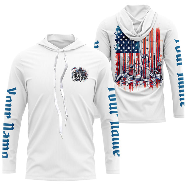Personalized Patriotic American Flag Long Sleeve Fishing Shirts Fishing Tools , Fish Reaper Shirt IPHW5544