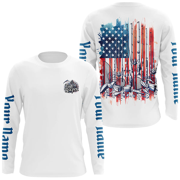 Personalized Patriotic American Flag Long Sleeve Fishing Shirts Fishing Tools , Fish Reaper Shirt IPHW5544