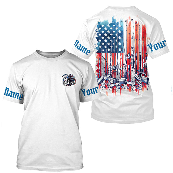Personalized Patriotic American Flag Long Sleeve Fishing Shirts Fishing Tools , Fish Reaper Shirt IPHW5544