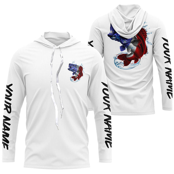 Bass Fishing American Flag Custom Long Sleeve Performance Shirts, Patriotic Bass Fishing Jerseys IPHW6398