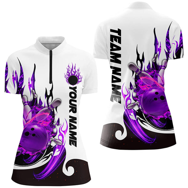 Custom Purple Flame Bowling Shirts For Women, Galaxy Bowling Team Shirts Bowling Uniform IPHW7084