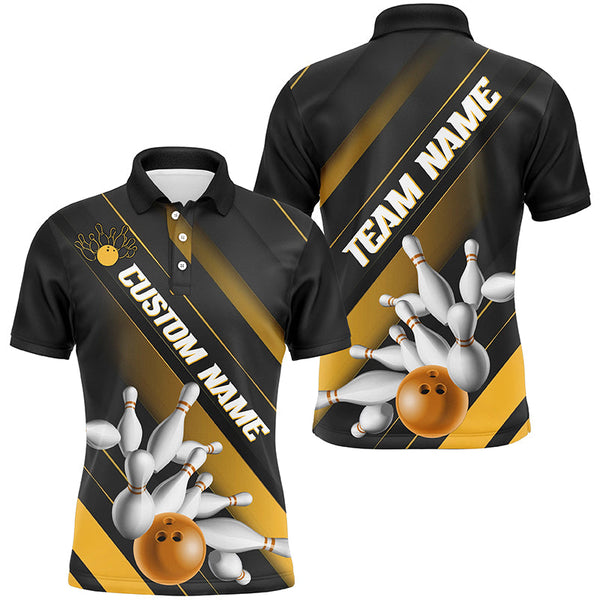 Black And Gold Custom Bowling Team Shirts For Men And Women, Bowling Ball And Pins Shirt IPHW6445