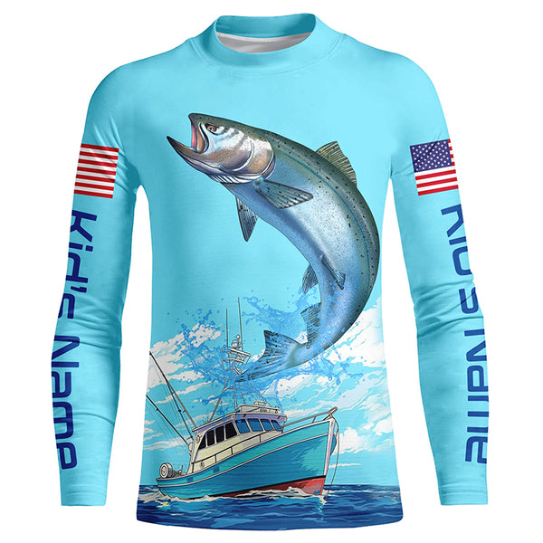 Custom American Flag Chinook Salmon Tournament Fishing Shirts, Salmon Saltwater Fishing Jerseys IPHW4824