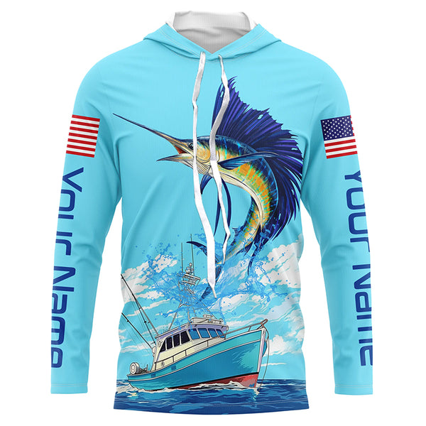 Custom American Flag Sailfish Tournament Fishing Shirts, Sailfish Saltwater Fishing Jerseys IPHW4825