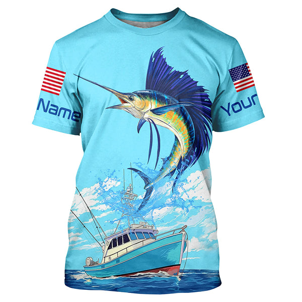 Custom American Flag Sailfish Tournament Fishing Shirts, Sailfish Saltwater Fishing Jerseys IPHW4825