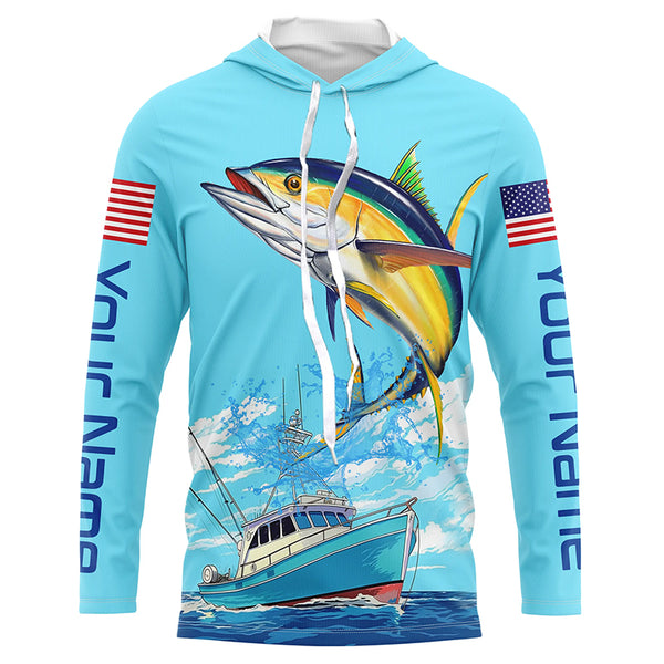 Custom American Flag Yellowfin Tuna Tournament Fishing Shirts, Tuna Saltwater Fishing Jerseys IPHW4826