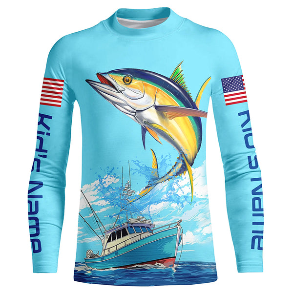 Custom American Flag Yellowfin Tuna Tournament Fishing Shirts, Tuna Saltwater Fishing Jerseys IPHW4826
