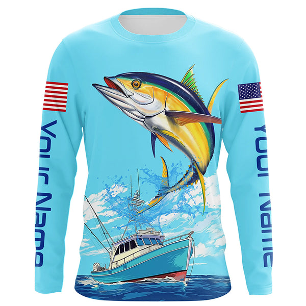 Custom American Flag Yellowfin Tuna Tournament Fishing Shirts, Tuna Saltwater Fishing Jerseys IPHW4826
