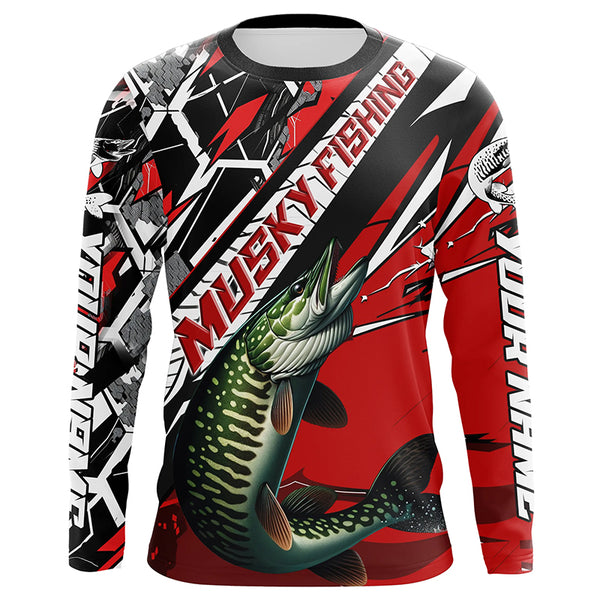 Black And Red Musky Long Sleeve Tournament Fishing Shirts, Custom Muskie Fishing Jerseys IPHW6204