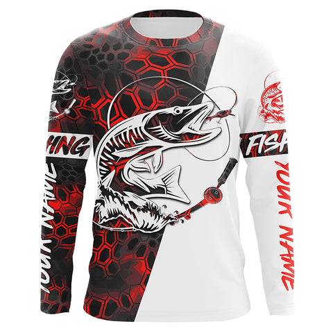 Musky Fishing Custom Long Sleeve Performance Fishing Shirts, Muskie Fishing Jerseys |  Red Camo IPHW4912