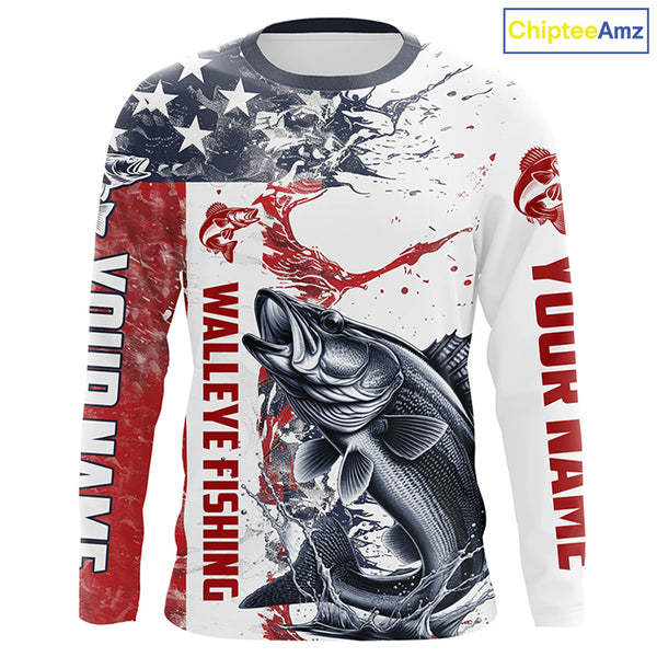 Personalized American Flag Walleye Fishing Shirts, Walleye Long Sleeve Tournament Fishing Jerseys IPHW6005