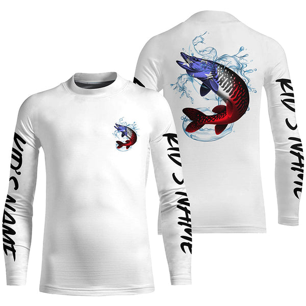 Personalized American Flag Musky Fishing Shirts, Patriotic Muskie Long Sleeve Fishing Shirts IPHW6274