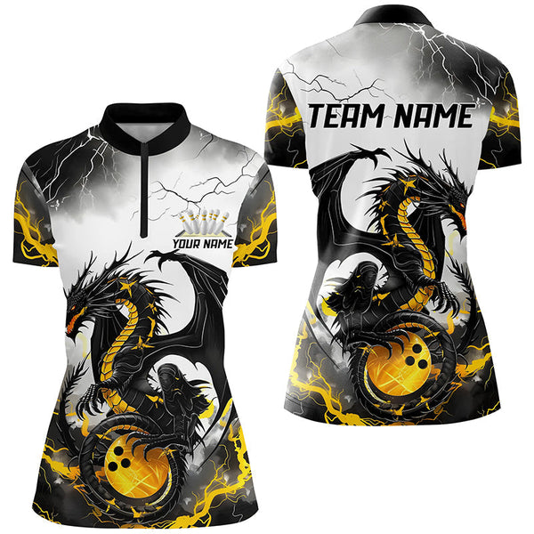 Black And Gold Thunder Lightning Custom Dragon Ladies Bowling Shirts, Bowling League Shirts IPHW7061