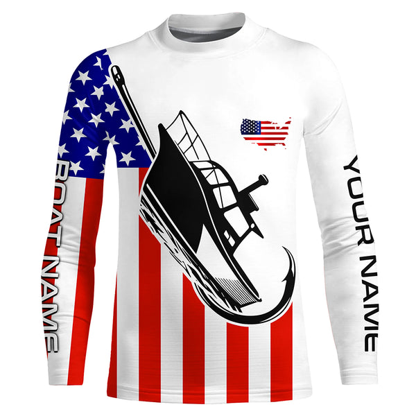 Custom Deep Sea Fishing Shirts With Boat Name, American Flag Saltwater Fishing Shirts IPHW4761