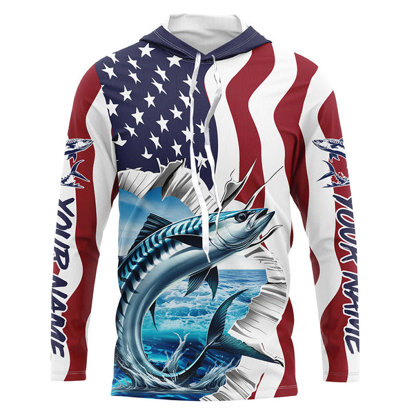 Custom American Flag King Mackerel Long Sleeve Fishing Shirts, Patriotic Kingfish Fishing Jerseys IPHW6608