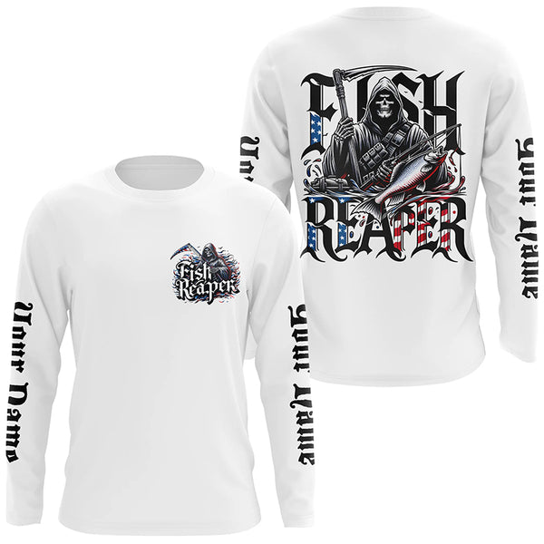 Personalized Fish Reaper Long Sleeve Fishing Shirts, American Flag Patriotic Fishing Gifts IPHW5542