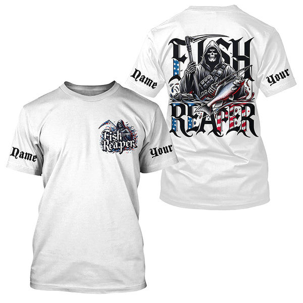 Personalized Fish Reaper Long Sleeve Fishing Shirts, American Flag Patriotic Fishing Gifts IPHW5542