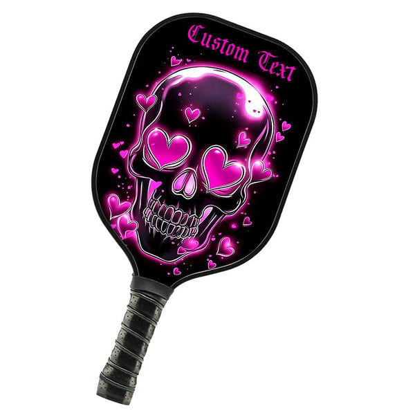 Black And Pink Skull With Hearts Custom Pickleball Paddle For Women, Valentines Halloween Pickleball Gifts IPHW7484