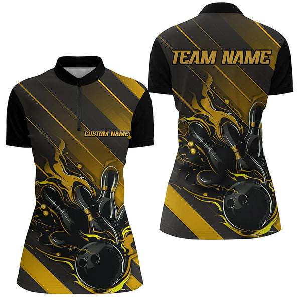 Black And Gold Custom Bowling Team Shirts For Women, Bowling Tournament Jerseys IPHW6446