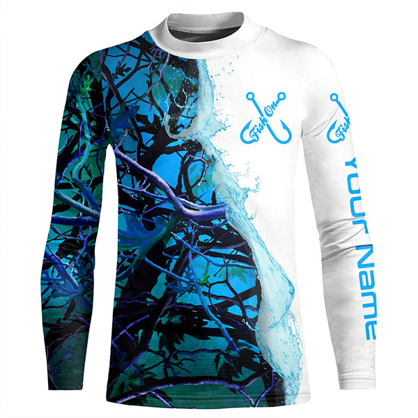 Fish On Blue Camo Custom Long Sleeve Performance Fishing Shirts,  Camo Fishing Jerseys IPHW4849