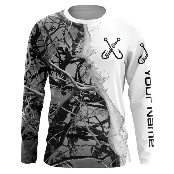 Fish On Gray Camo Custom Long Sleeve Performance Fishing Shirts,  Camo Fishing Jerseys IPHW4850