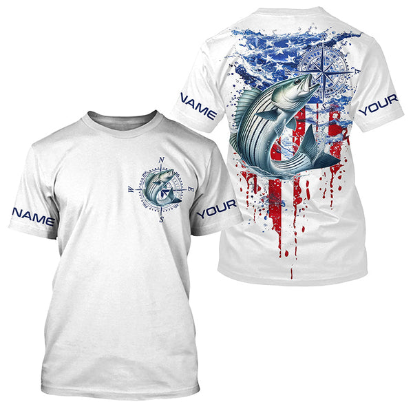 American Flag Striped Bass Fishing Custom Long Sleeve Shirts, Patriotic Saltwater Fishing Shirt IPHW7040