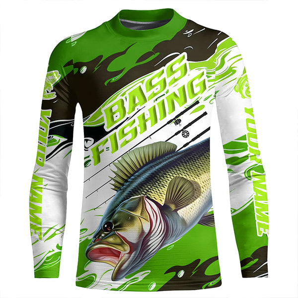Custom Largemouth Bass Fishing Jerseys, Bass Long Sleeve Tournament Fishing Shirts | Green Camo IPHW6224