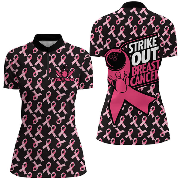 Strike Out Breast Cancer Pink Ribbon Pattern Custom Bowling Shirts For Women Bowling Jersey IPHW7047