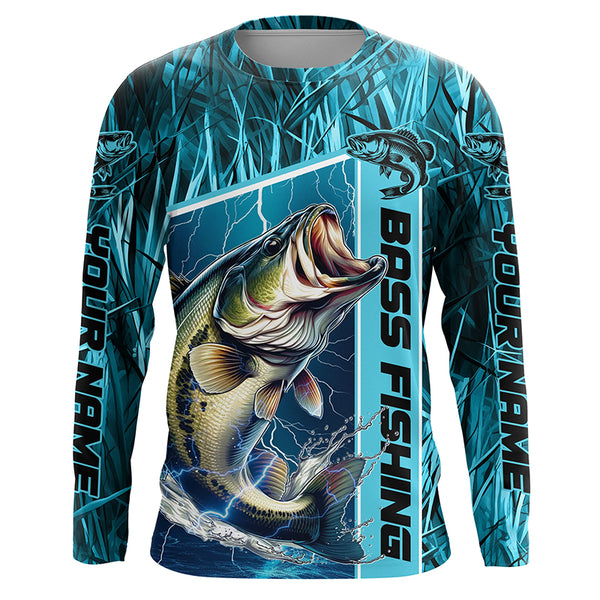 Custom Teal Blue Camo Bass Long Sleeve Tournament Fishing Shirts, Bass Fishing Jerseys IPHW5826