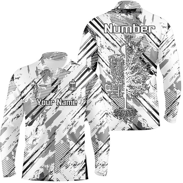 Black and white abstract line halftone pattern Mens disc golf polo shirts custom disc golf shirt NQS6809