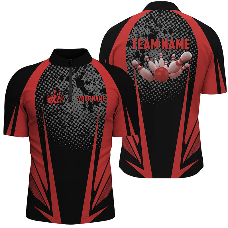 Men's Bowling Quarter-Zip Shirt Custom bowling ball and pins black and red team Men Bowlers Jerseys NQS7148