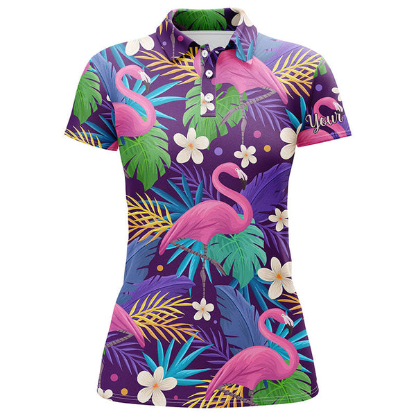 Colorful floral flamingo pattern tropical leaves matching golf polos for couples Custom Valentine gift NQS3897