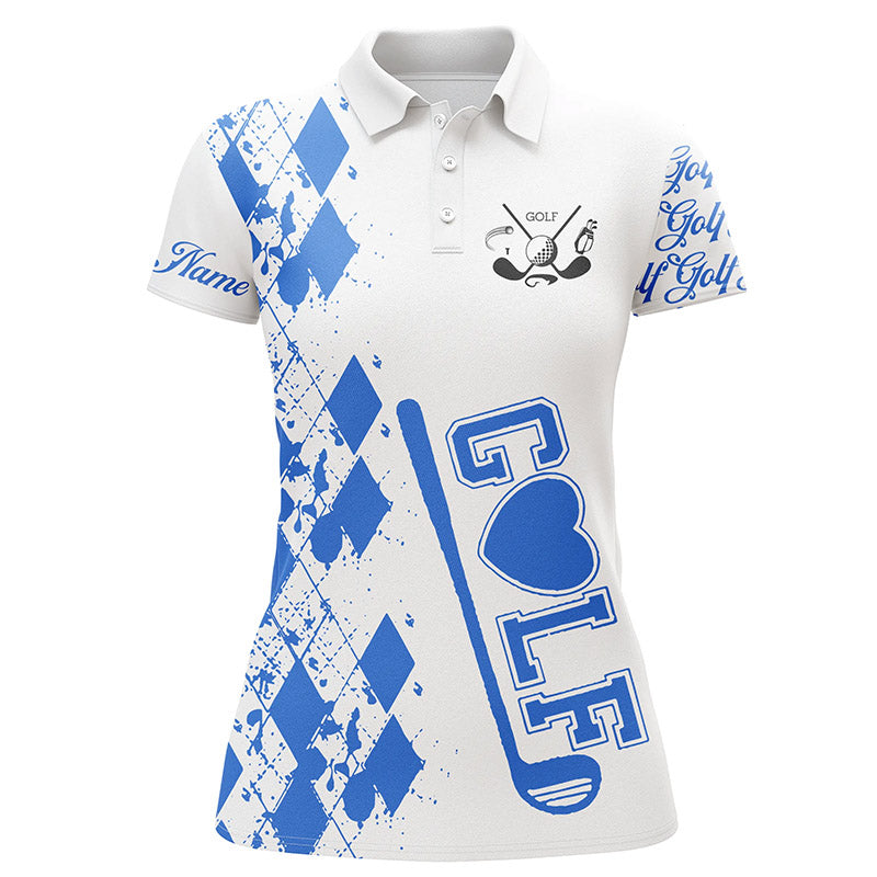 Womens golf polo shirt custom name blue golf clubs white golf shirt for women, gifts for golf lovers NQS4877