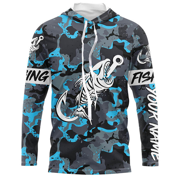 Blue Camo fishing shirt Fish hook skull Custom Name sun protection mens long sleeve fishing shirt NQS3906
