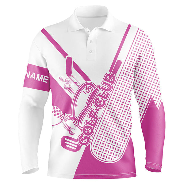 Pink and white Mens golf polo shirts custom golf club attire for men, golf gift for mens NQS6358