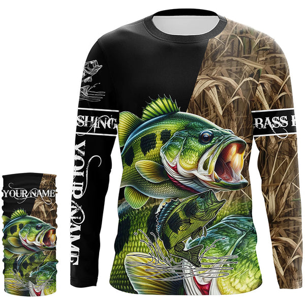 Largemouth Bass fishing Camo UV protection Customize name long sleeves fishing shirts NQS2956