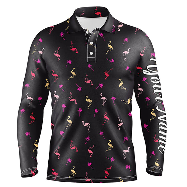 Black Mens golf polo shirt neon pink flamingos palm pattern custom team flamingo golf polo shirts NQS4952