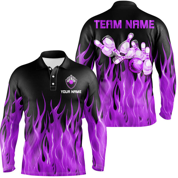 Personalized Men polo Bowling Shirt purple Flame Bowling Ball Pins bowling jerseys for men Bowler NQS7302
