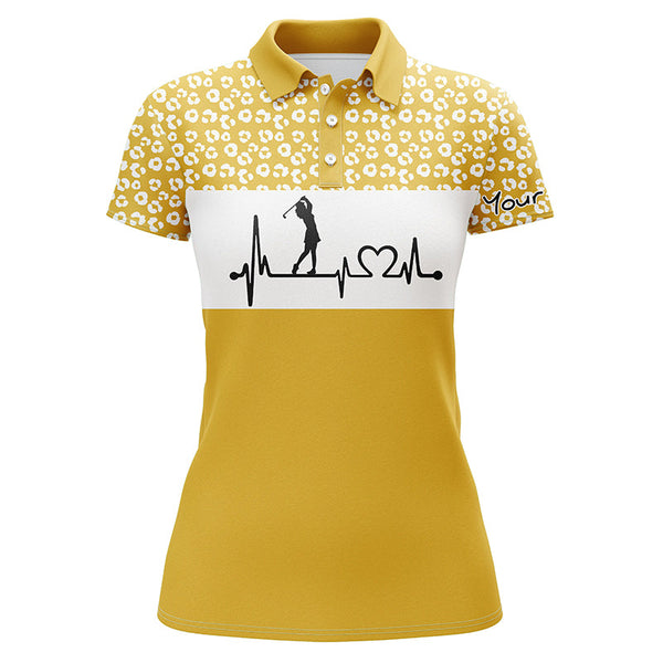 Womens golf polo shirt golf heartbeat custom name leopard pattern golf shirt, womens golf gift ideas NQS4959