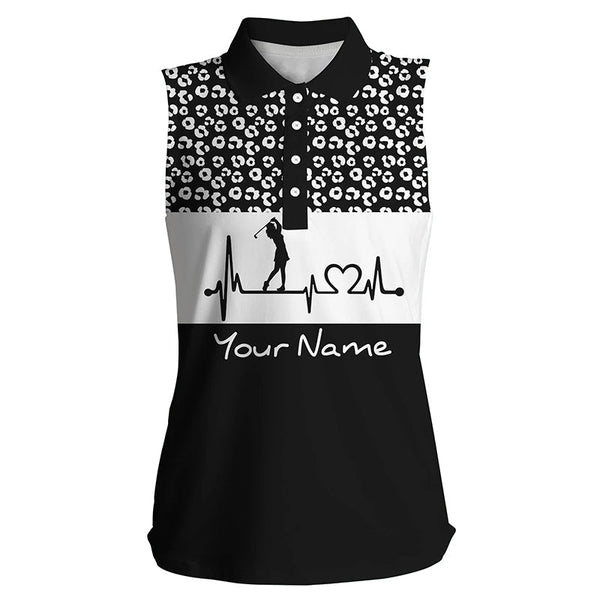 Women's sleeveless golf polo shirt golf heartbeat custom name leopard pattern golf shirt, golf gifts NQS4959