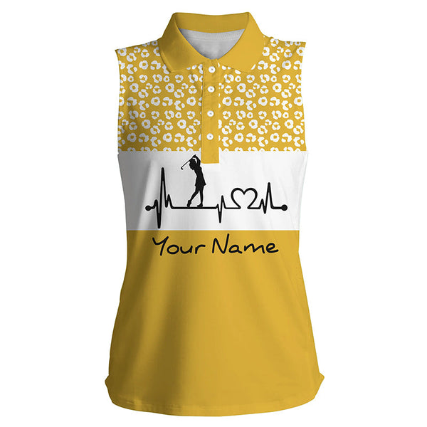Women's sleeveless golf polo shirt golf heartbeat custom name leopard pattern golf shirt, golf gifts NQS4959