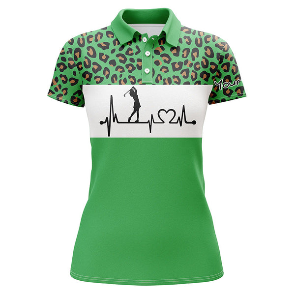 Womens golf polo shirt golf heartbeat custom name leopard golf shirt, golfing gifts for women NQS4960