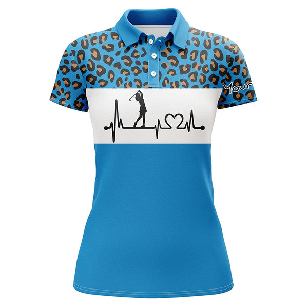 Womens golf polo shirt golf heartbeat custom name leopard golf shirt, golfing gifts for women NQS4960